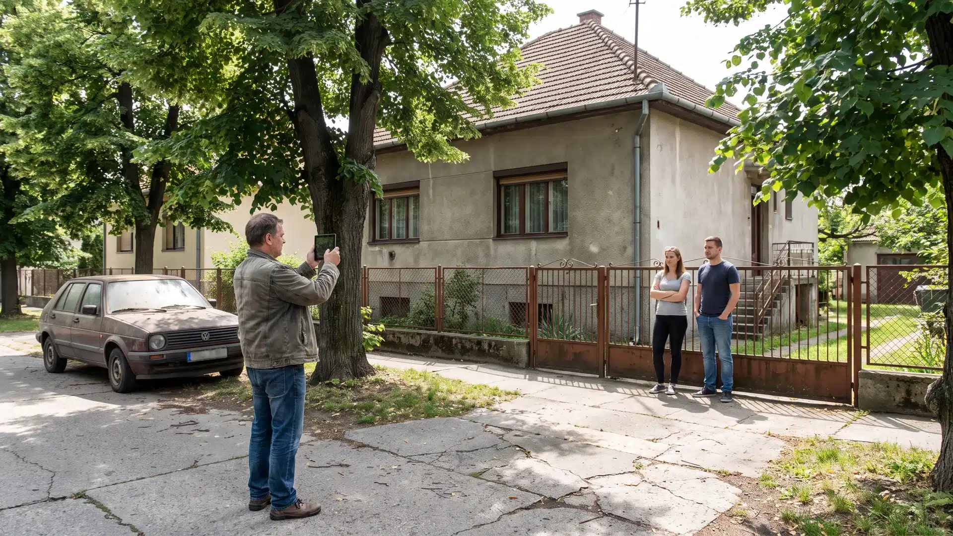 Előzetes banki értékbecslés Az értékbecslő az utcáról fényképezi a családi házat, a vevő pár a kapuban vár