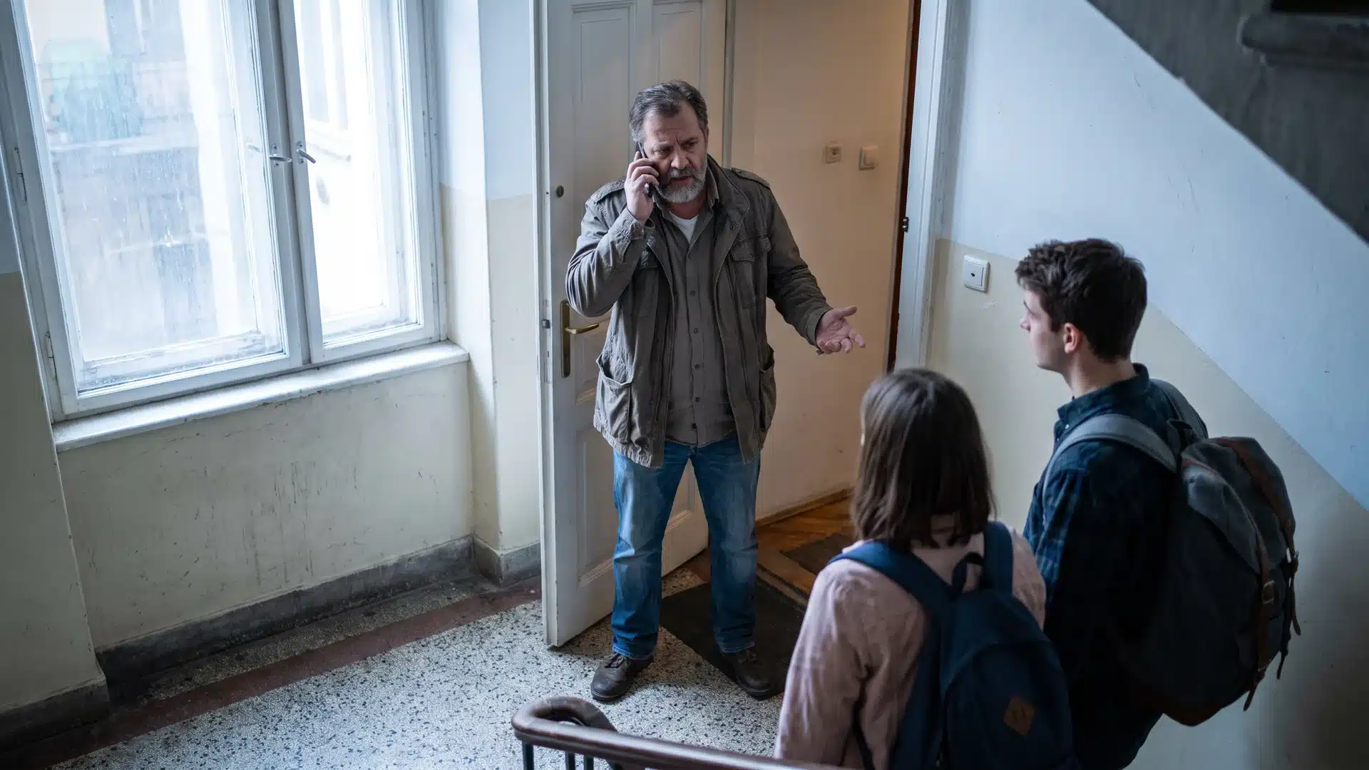 Ingatlan eladás ingatlanos nélkül A magánúton eladó tulajdonos telefonálás közben fogadja az érdeklődőket a lépcsőházban