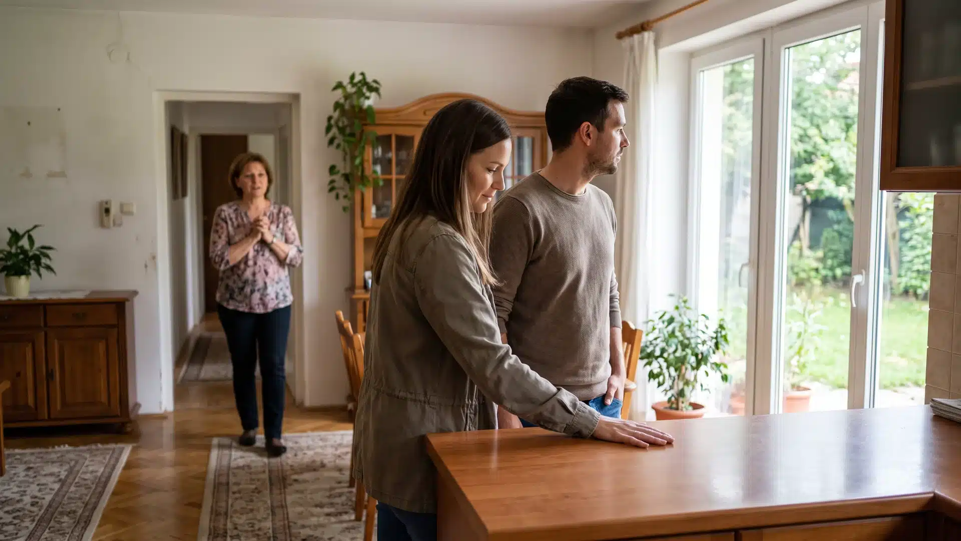 Ingatlan piaci értéke – megtekintés Vevő pár a ház megtekintésén, a háttérben az eladó vár