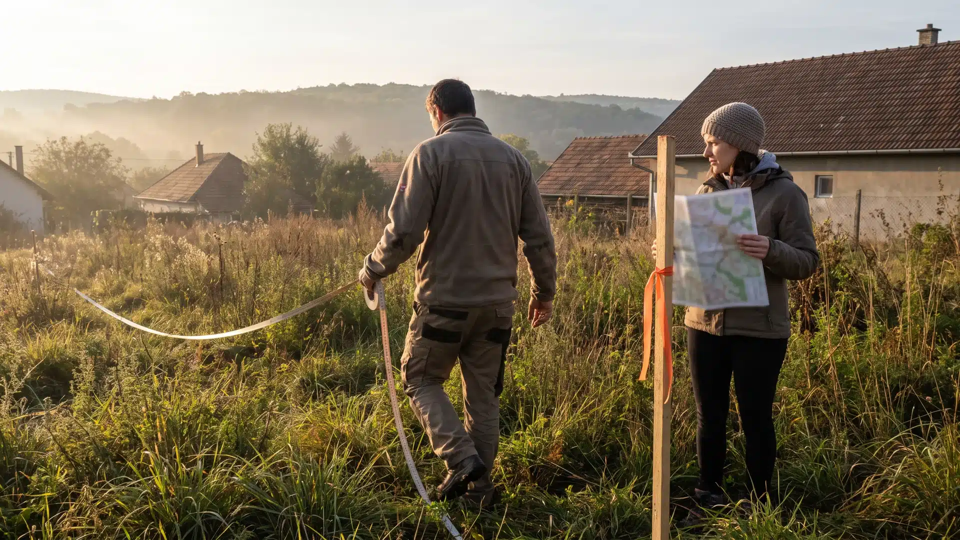 Telek vásárlása – a telek kimérése Egy pár mérőszalaggal méri ki az építési telket a falu szélén