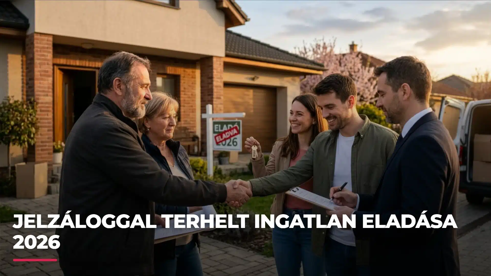 Jelzáloggal terhelt ingatlan eladása 2026 Jelzáloggal terhelt ingatlan eladása – eladók és érdeklődők a ház előtt